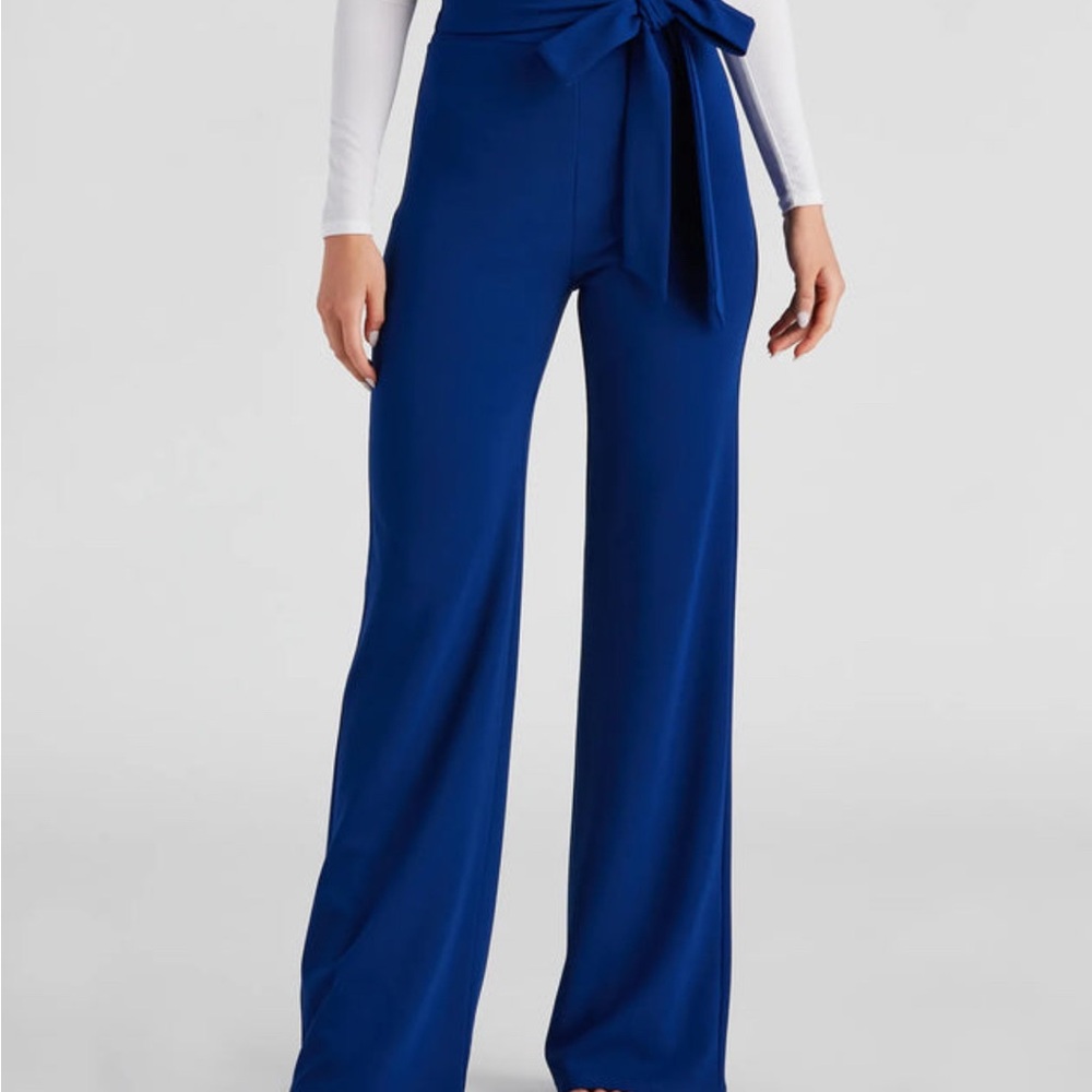 Happily Grey Chic Royal Blue Women's paper bag waist Wide-Leg Pants